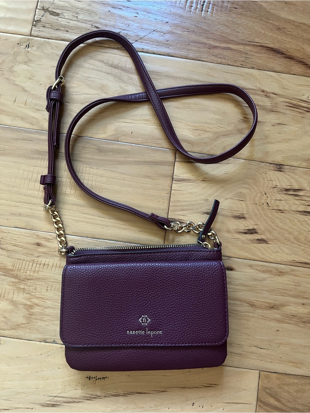 Nanette Lepore Plum Leather Crossbody with Gold Accents